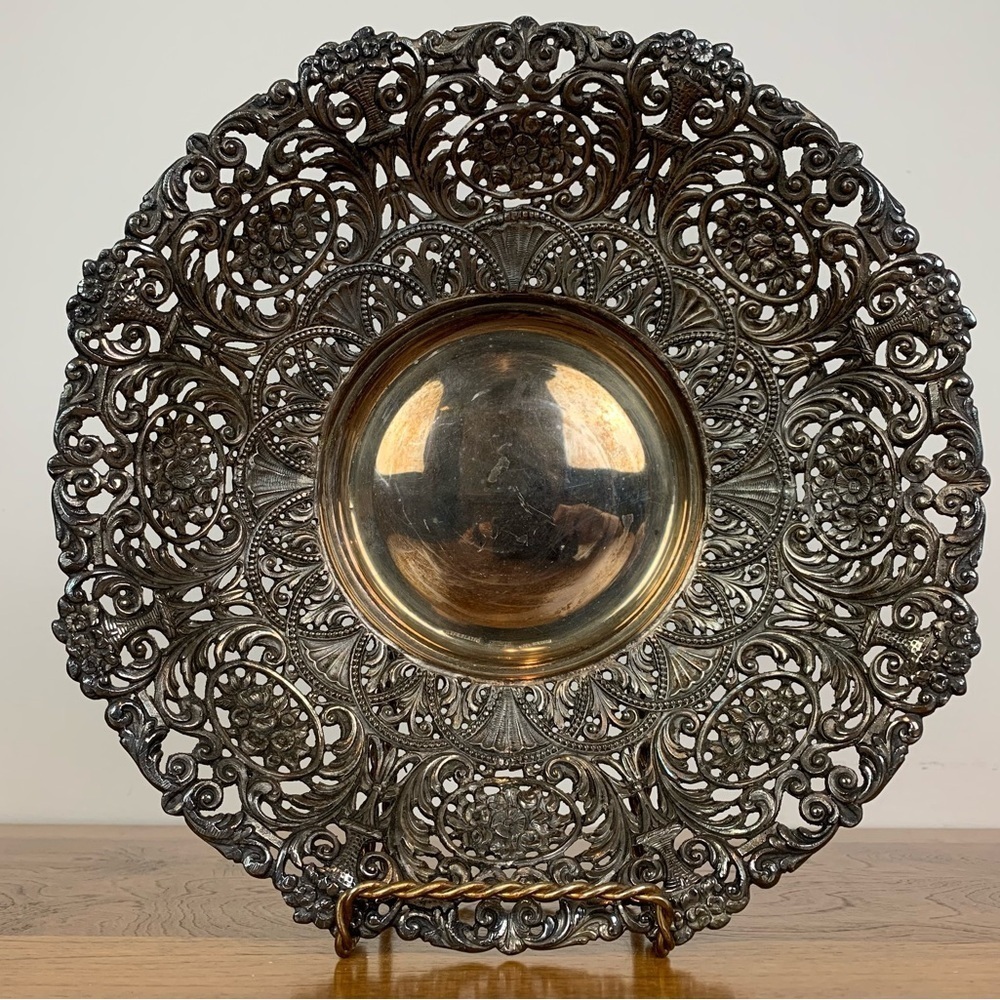 D. Garcia Signed Silver Plate Decorative Plate Bowl Ornate Spain Flowers Vintage